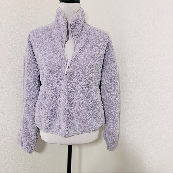 Old Navy Women’ Crop Sherpa Quarter Zip Size Small Lavender Purple Spread Collar - Picture 2 of 12